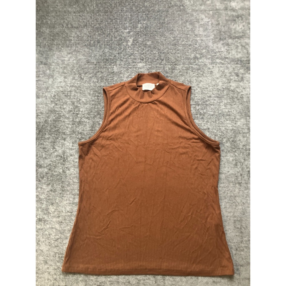 Cyrus Essentials Ribbed Knit Tank Top Womens Large Brown Soft Stretch Mock Neck